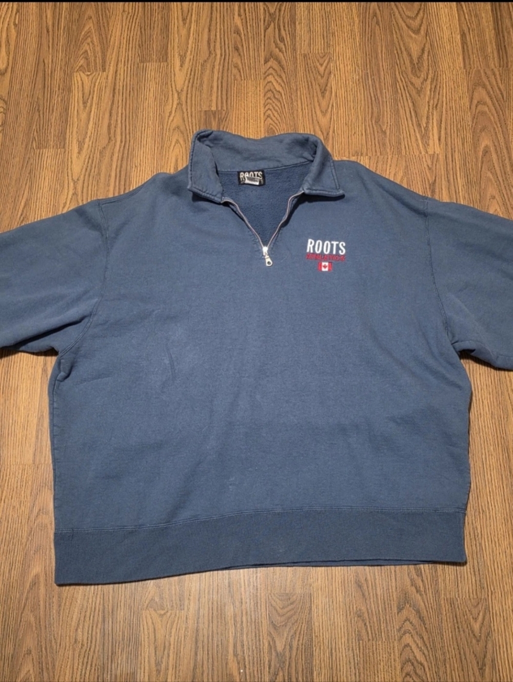 Roots Athletics Men's Quarter-Zip Pullover XXL Blue Spell Out Logo Sweatshirt - Picture 2 of 6